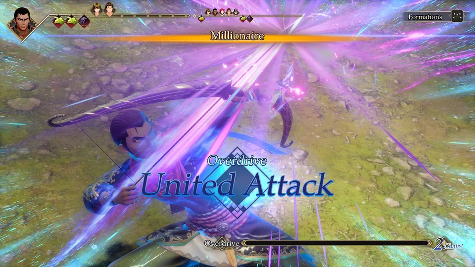 A party member fires an arrow during an Overdrive United Attack in Romancing SaGa 3: Destinies United