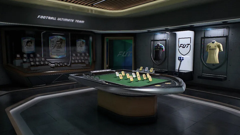 The FUT Gallery room in Football Ultimate Team, with player cards on the walls and a tactics table
