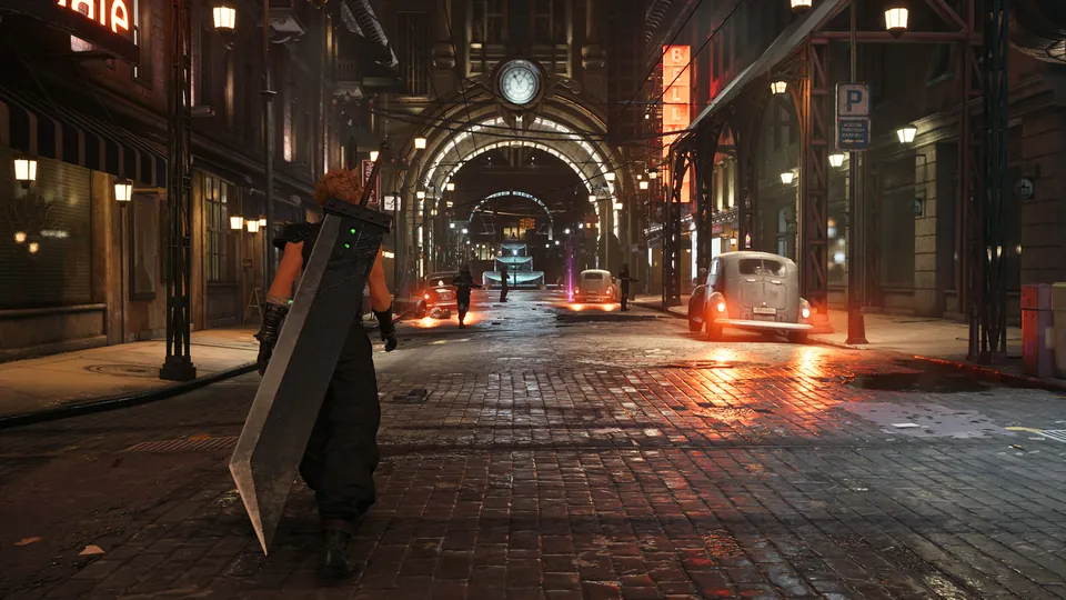 Cloud walks down a rainy Midgar street at night toward a lit archway with a clock
