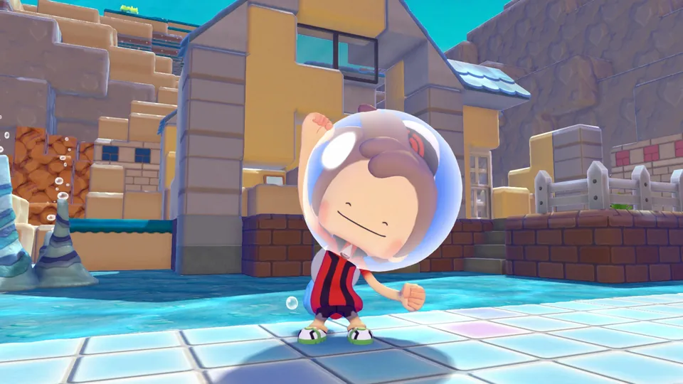 Ditto in human form wears a round diving helmet and raises a fist in front of underwater houses in Pokémon Pokopia
