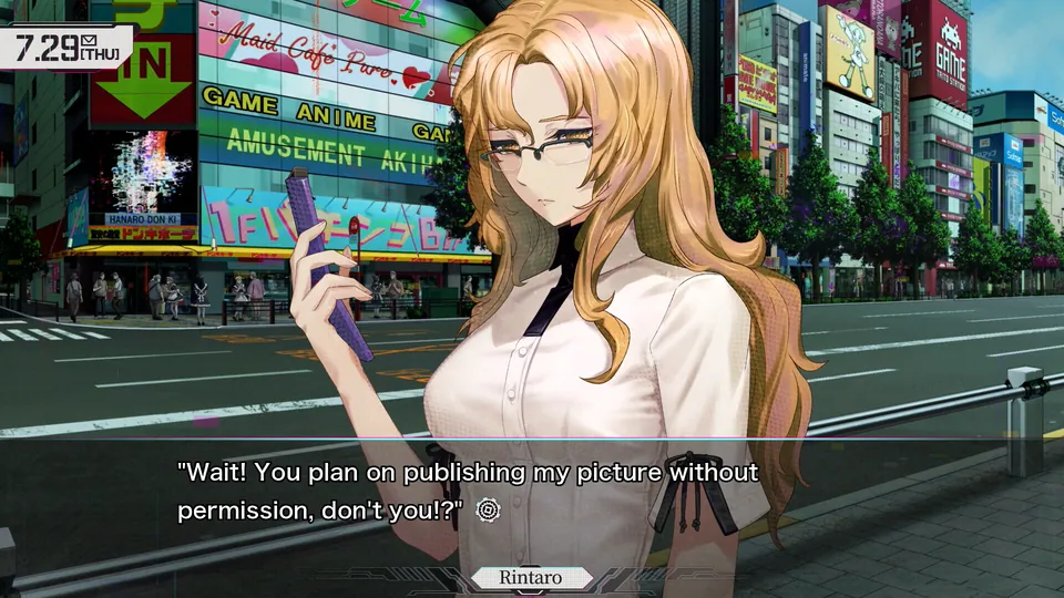 Steins;Gate Re:Boot screenshot: Moeka Kiryu holds a phone on an Akihabara street lined with game and anime shops