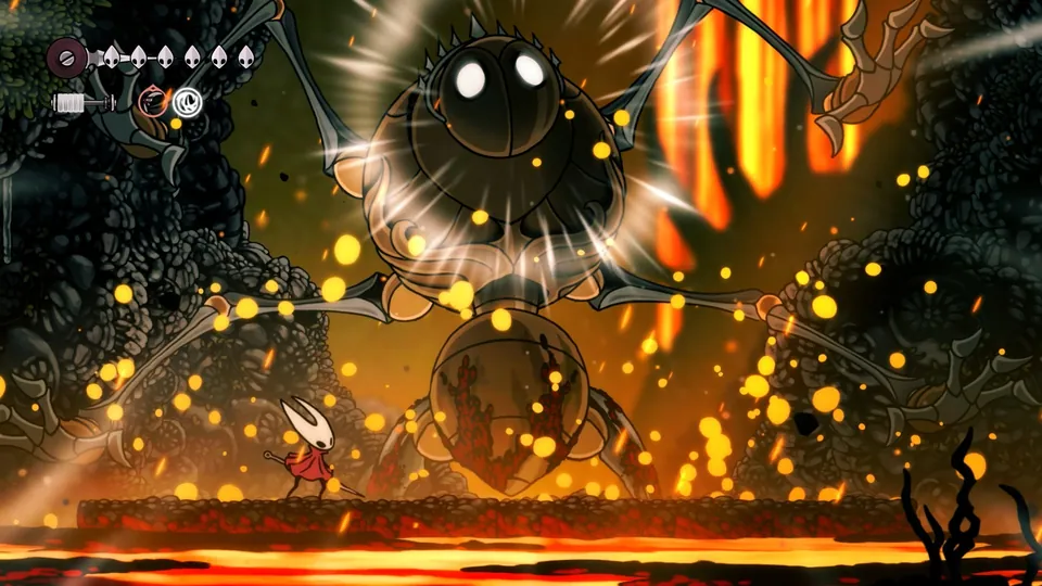 Hornet faces a giant armored boss amid sparks and falling lava in Hollow Knight: Silksong on Switch 2