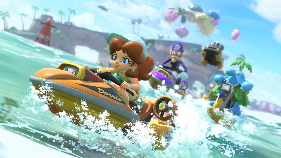 Daisy races a boat kart across the water ahead of Waluigi in Mario Kart World on Switch 2