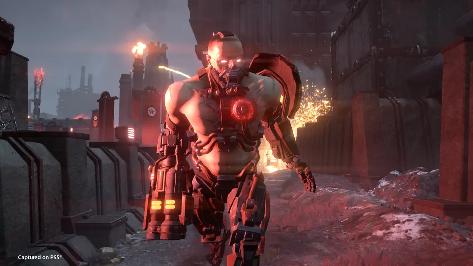 A Cyborg with glowing eyes, a red glowing chest core and a heavy gun charging down a street of a smoky industrial city