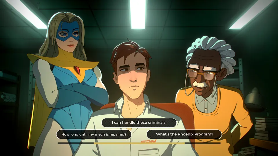 Robert sits between a masked blond hero and an older man with white hair at a desk in a green-lit office