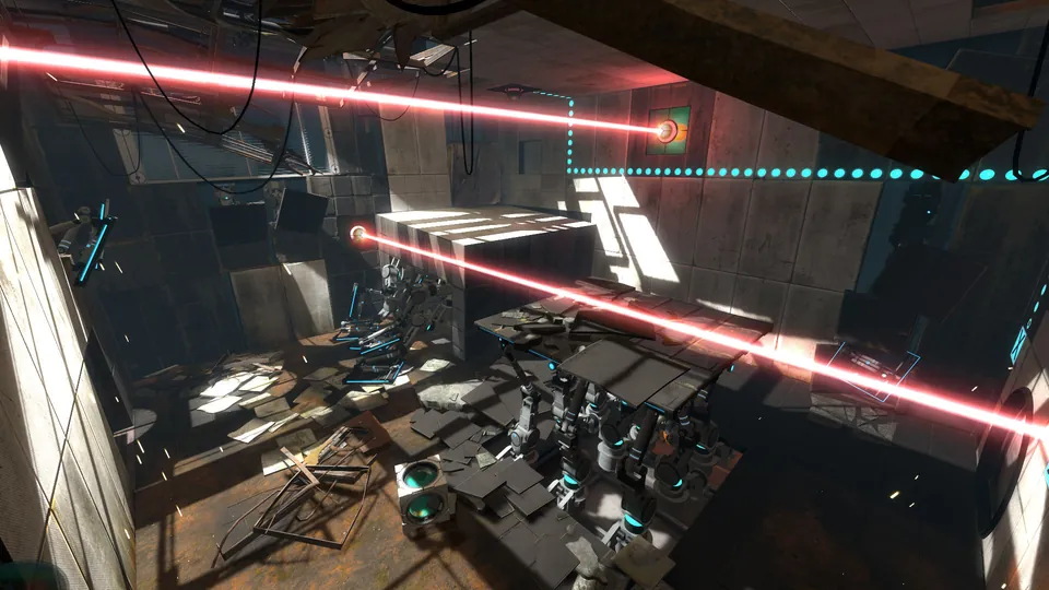 Red laser beams cross a broken test chamber in Portal 2