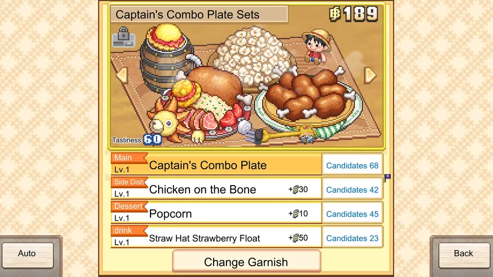The Captain's Combo Plate meal set with Chicken on the Bone, Popcorn and a Straw Hat Strawberry Float in One Piece: Grand Gourmet