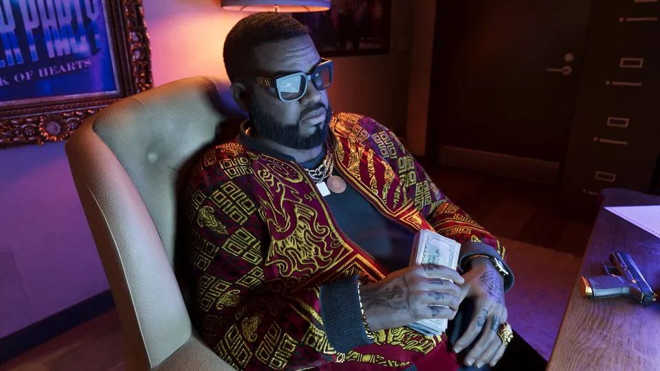 Boobie Ike leans back in a leather chair holding a stack of cash in a dim office in GTA 6