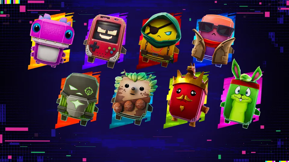 Eight Fortnite Sprites, small block-shaped creatures with powers, on a glitchy purple background