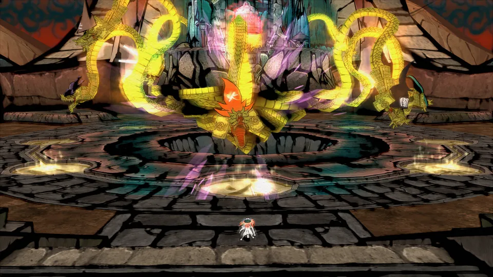 Amaterasu stands before a golden multi-headed boss in a stone arena in Okami HD