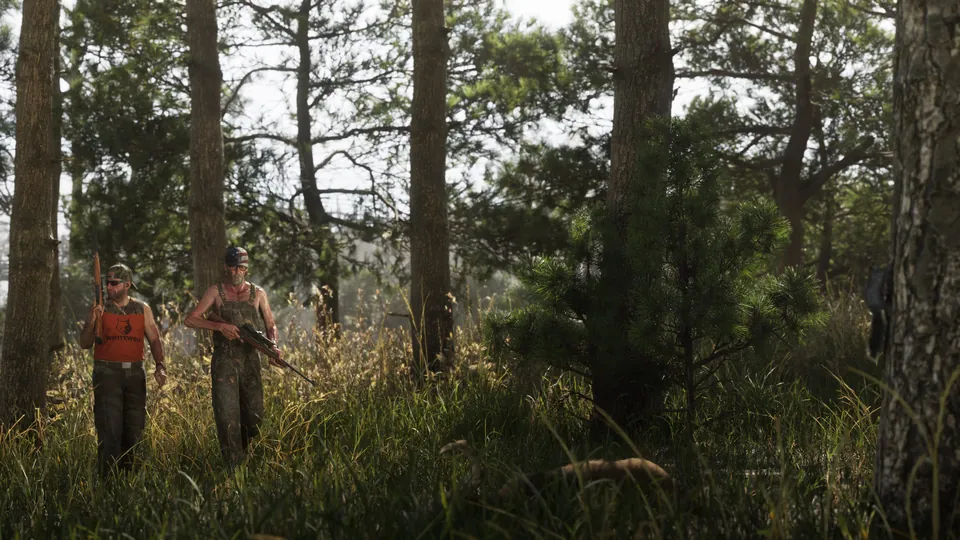 Hunters walk through a pine forest in Mount Kalaga National Park, GTA 6