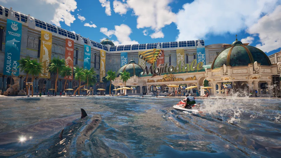 A shark swims toward a jet ski in front of a luxury beach resort in Maneater 2