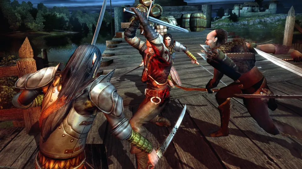 Geralt fights two armed men on a wooden dock in the original Witcher