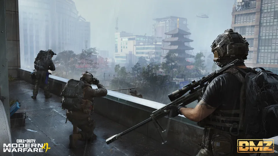 Three operators on a rainy balcony, one with a sniper rifle, above a city with a pagoda-style tower