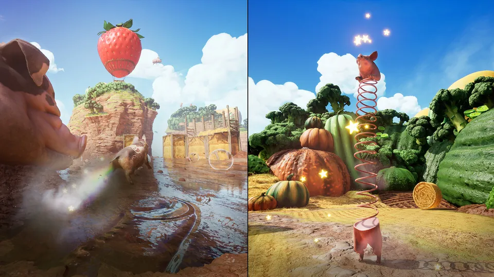 Split-screen view of a pig-themed Side Story in Split Fiction, with a giant strawberry and vegetable houses.