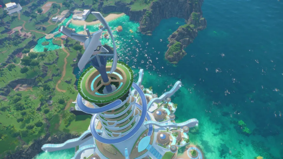 An aerial view of a tall spiral tower on an island surrounded by turquoise ocean in Pokémon Winds and Pokémon Waves