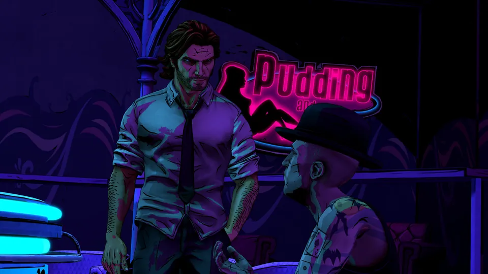 Bigby Wolf stands under the pink neon sign of the Pudding and Pie club, talking to a man in a cap