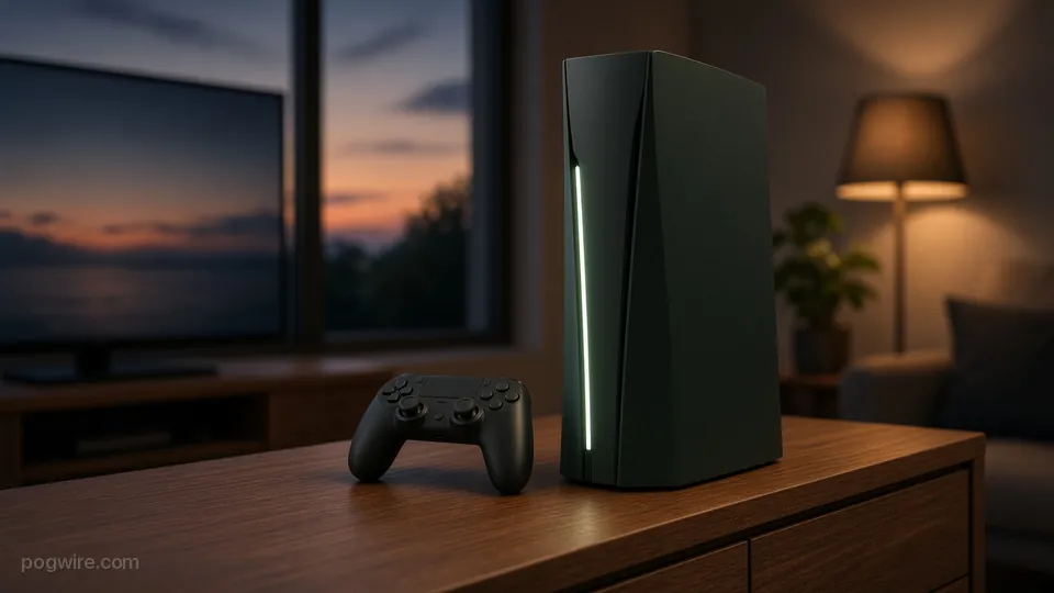 Illustration: a generic tall black game console with a green light strip next to a controller in a living room