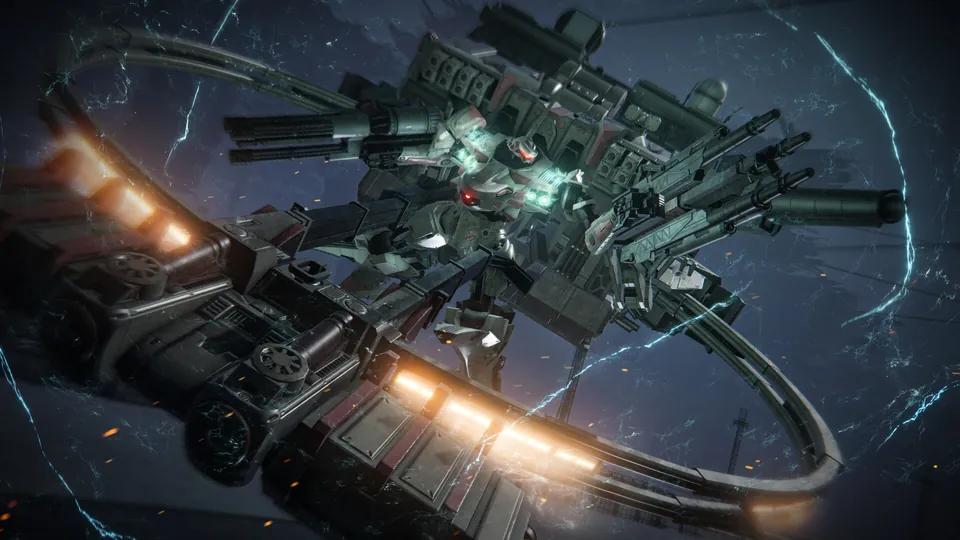 A huge ring-shaped machine glows with blue lightning inside a dark industrial structure in Armored Core VI