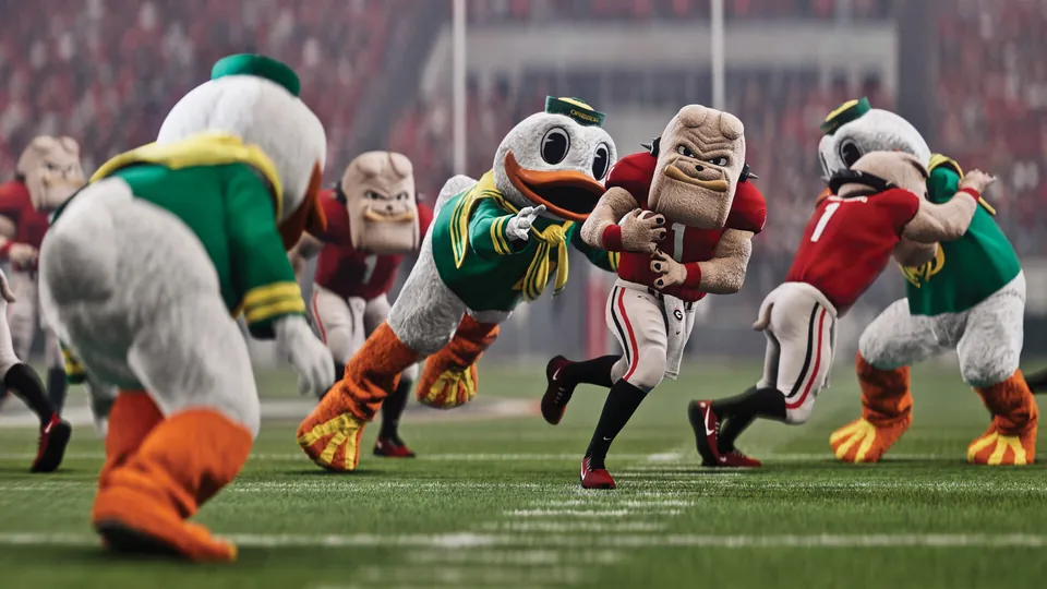 Oregon Duck and Georgia mascots collide in a Mascot Mashup game in College Football 27