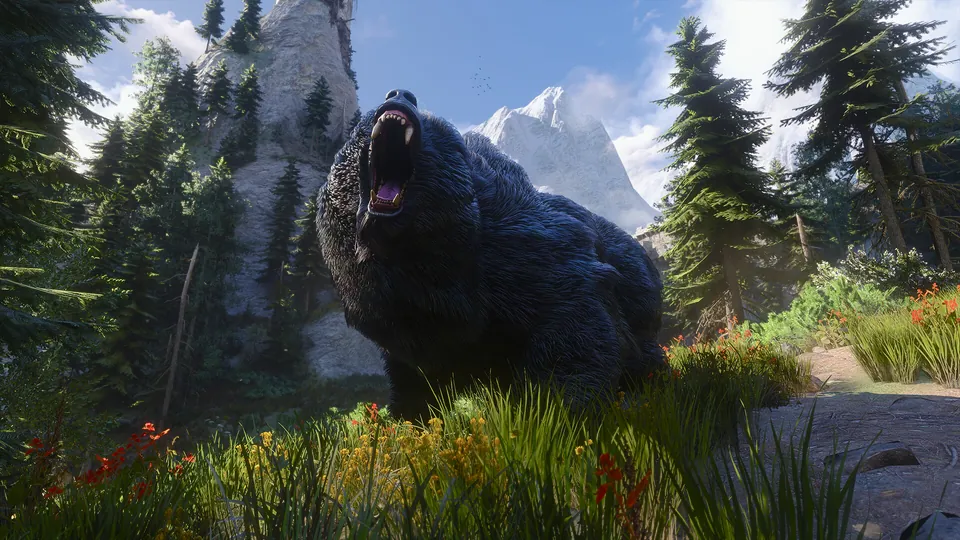 A huge black bear roars on a grassy slope with pine trees and snowy peaks in The Witcher 3.