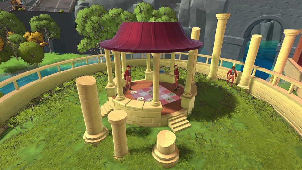 Students relaxing at a gazebo among stone columns in a campus garden in Escape Academy 2