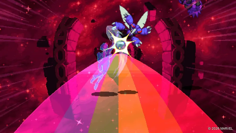 A translucent Invisible Woman strikes a purple winged insect enemy on a rainbow-colored bridge against a red space backdrop