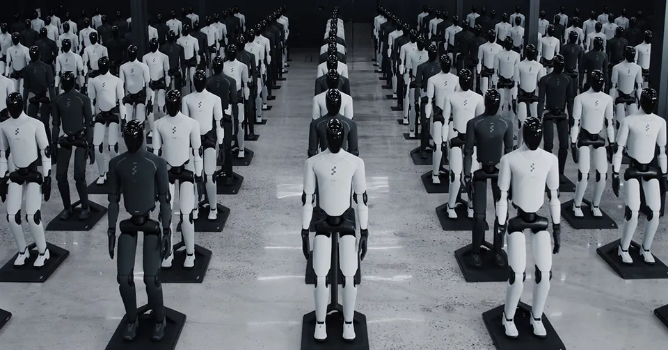 Rows of Figure 03 robots standing on stands in a large hall