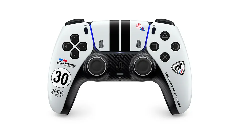 The front of the Gran Turismo Limited Edition DualSense, white with two black stripes, a 30 roundel and the Gran Turismo logo