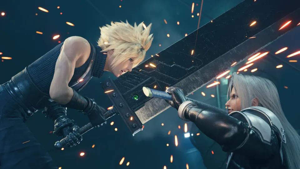 Cloud blocks Sephiroth's long sword with the Buster Sword as sparks fly in Final Fantasy VII Remake Intergrade
