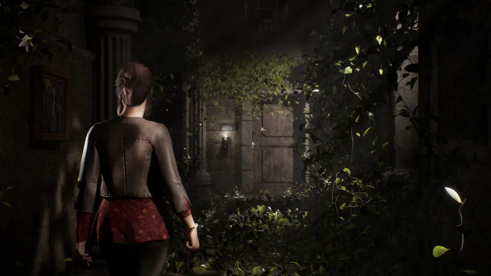 A woman walks toward a door with a wall lamp through an overgrown garden in Remothered: Red Nun's Legacy