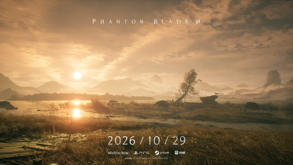 A golden sunset over marshland and a lone tree in the world of Phantom Blade Zero