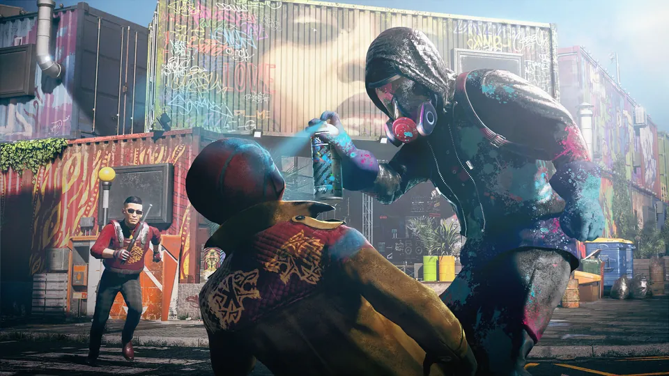 A masked recruit spray-paints a mural in a London street in Watch Dogs: Legion