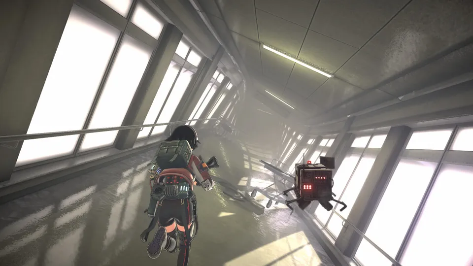 Reona Minazuki runs down a sunlit school hallway as a drone floats ahead in Anomalith
