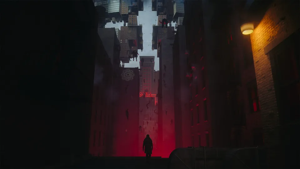 A lone figure stands at the end of a dark alley under a red glow and upside-down buildings in Control Resonant