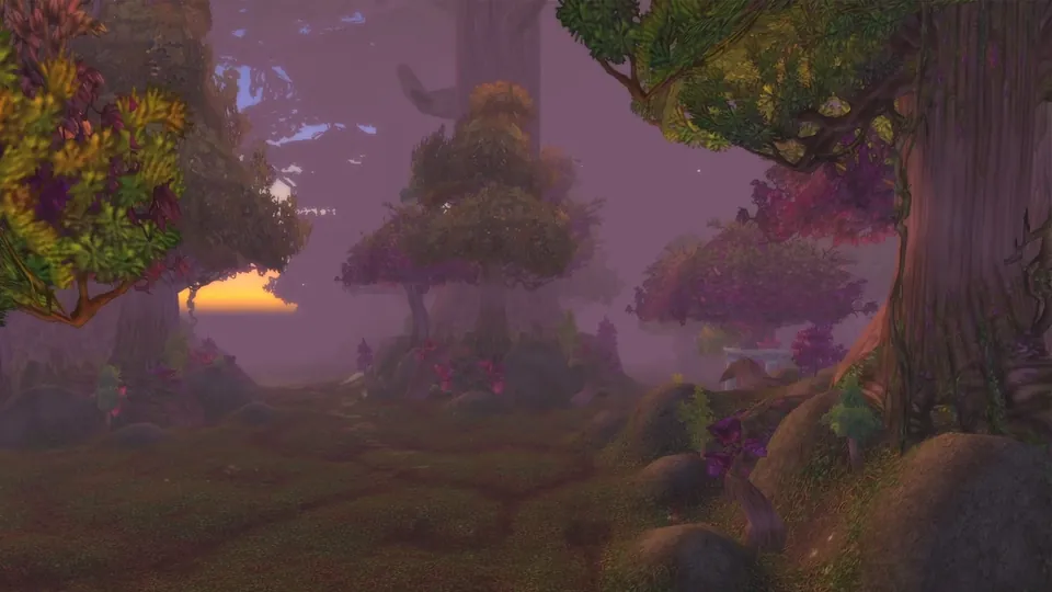 Purple trees and mist in the forest of Ashenvale in World of Warcraft: Forever