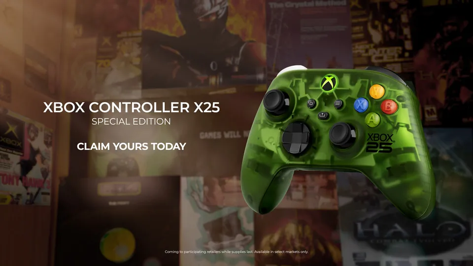 The translucent green Xbox X25 Special Edition controller in front of a wall of old Xbox game posters