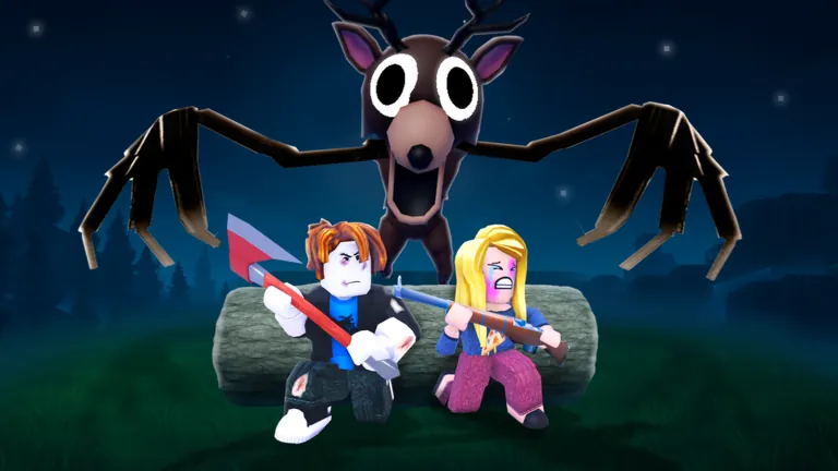The Deer from 99 Nights in the Forest looming over two Roblox players with an axe and a rifle at night