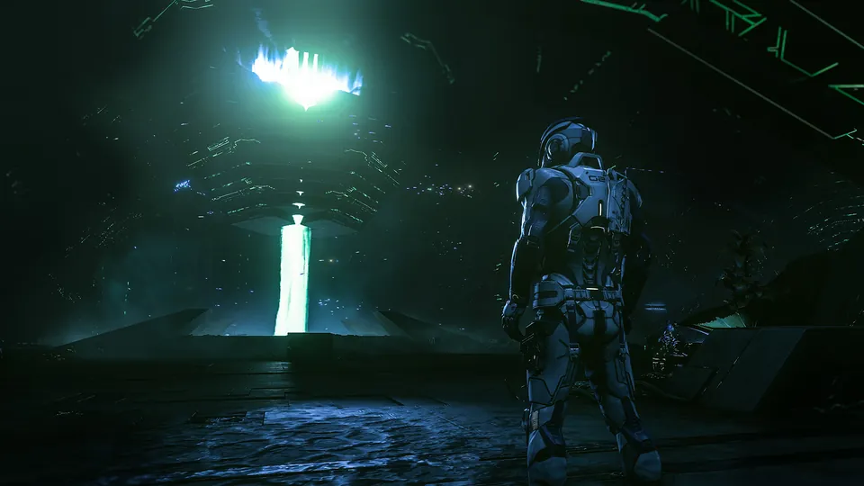 A Pathfinder in armor faces a glowing alien structure in Mass Effect: Andromeda