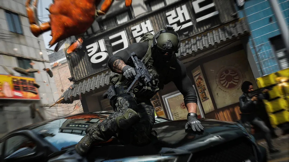 A soldier crouches behind a car under Korean shop signs in Modern Warfare 4.