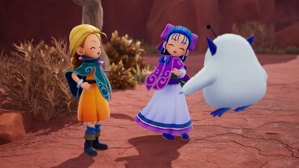 Bianca and Nera smile and greet a big white fluffy monster on red desert ground in Dragon Quest Monsters: The Withered World
