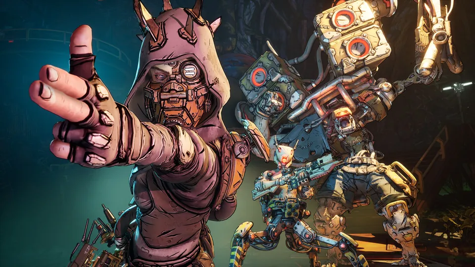 A hooded fighter with a metal mask points at the camera in front of a giant boxy robot in Borderlands 4