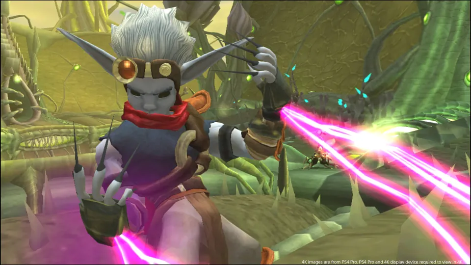 Dark Jak, with pale skin and long claws, fires a pink energy blast in a jungle in Jak 3