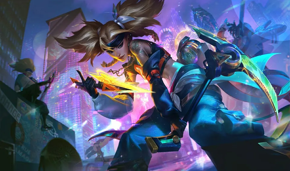 True Damage Know My Name Akali crouches with glowing golden kunai in front of a pink and purple city skyline
