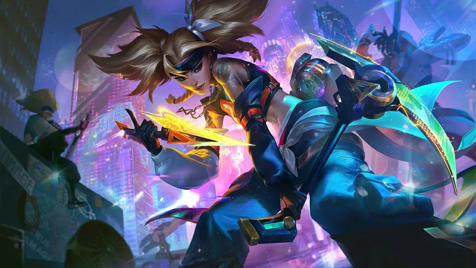 True Damage Know My Name Akali crouches with glowing golden kunai in front of a pink and purple city skyline