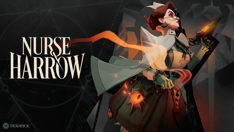 Deadlock hero Nurse Harrow in a white cap and round glasses holding a glowing syringe trailing orange smoke