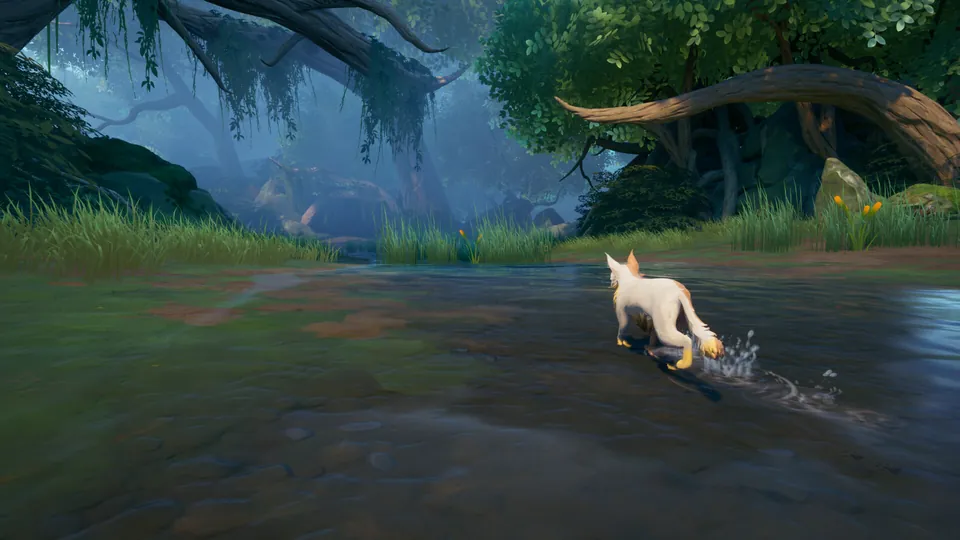 A white cat splashes across a shallow forest stream in Warrior Cats: Clans of the Forest