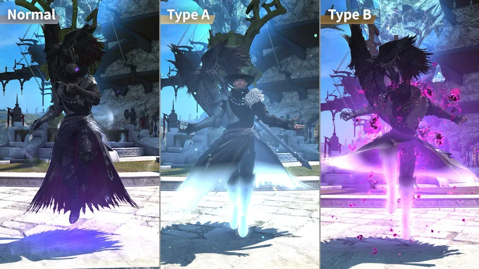 A cloaked character teleports in three styles, the standard one, Type A and Type B, in Final Fantasy XIV: Evercold