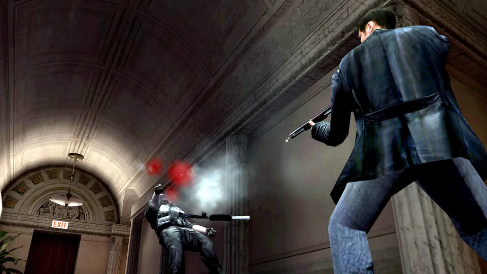 Max Payne fires a shotgun in a marble hallway as a gunman falls in the original Max Payne