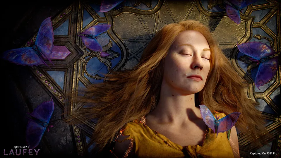 Faye lies with eyes closed as purple butterflies gather around in God of War Laufey